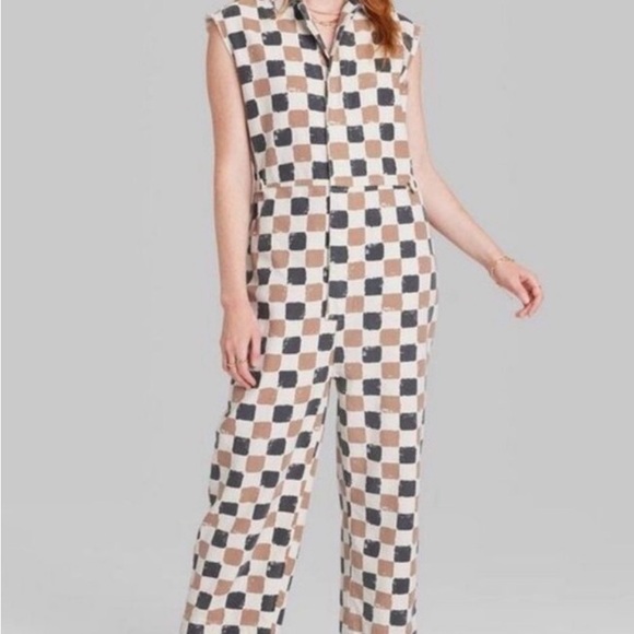 Checkered Sleeveless Jumpsuit - Black and Brown - Picture 2 of 2